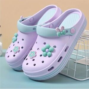 Purple and Mint Clogs with Flower Accents